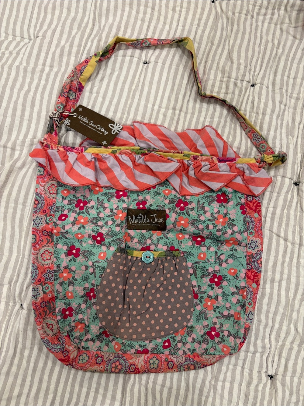 Matilda Jane Floral Teal and Coral Shoulder Bag with Polka-Dot Pocket